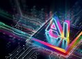 The letters AI glowing on a circuit board processor.