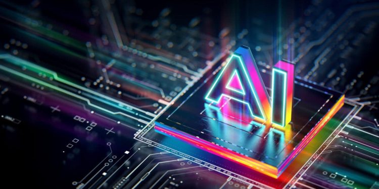 The letters AI glowing on a circuit board processor.