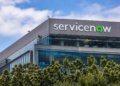 ServiceNow logo displayed on the exterior of a modern office building.
