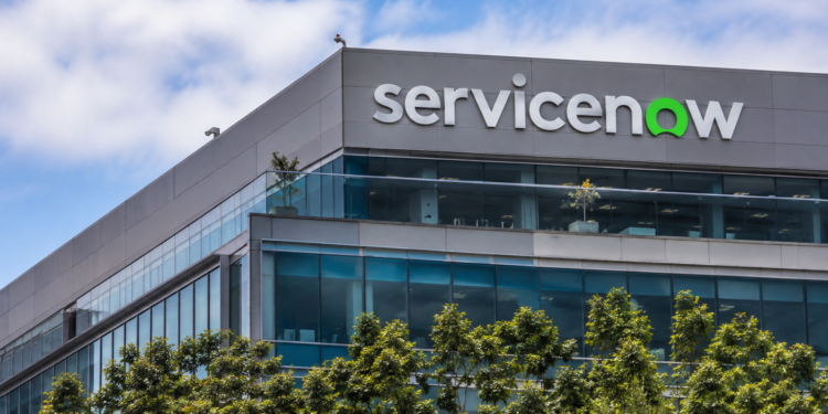 ServiceNow logo displayed on the exterior of a modern office building.