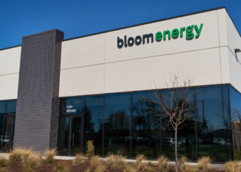 Bloom Energy logo displayed on the exterior of a modern office building