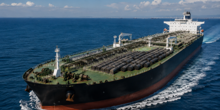 A large oil tanker carries rows of crude barrels across calm blue waters.