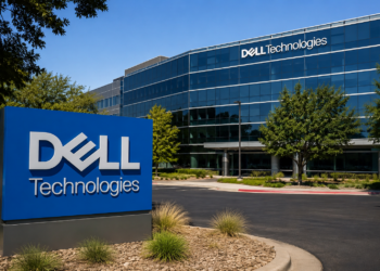 Dell Technologies logo outside a modern glass-fronted corporate office