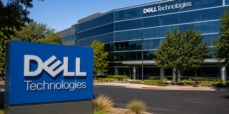 Dell Technologies logo outside a modern glass-fronted corporate office
