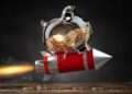 Piggy bank on a flying rocket