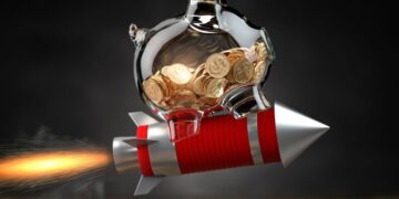 Piggy bank on a flying rocket