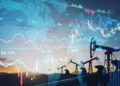 financial chart graphs and oil pumps on a field