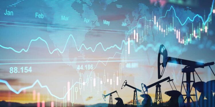 financial chart graphs and oil pumps on a field