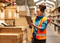 warehouse worker takes inventory in storage room