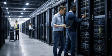 Experts checking Coreweave servers on data center