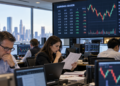 Wall Street analysts review earnings reports and market screens during a busy US earnings season.