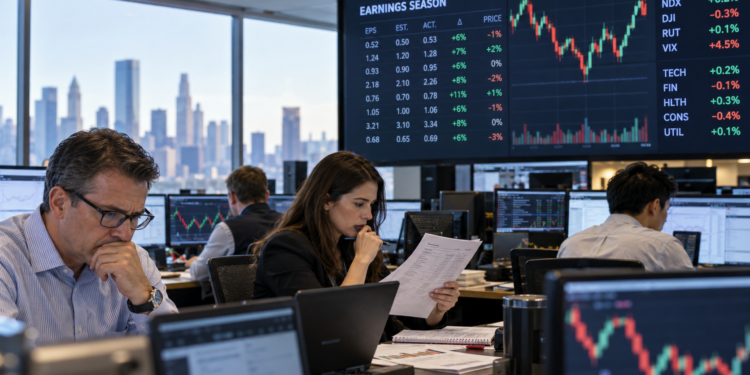 Wall Street analysts review earnings reports and market screens during a busy US earnings season.