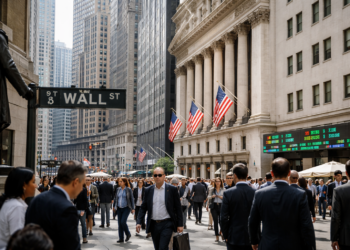 Crowds walk through Wall Street beside the New York Stock Exchange and its American flags.