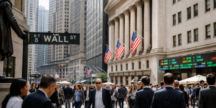 Crowds walk through Wall Street beside the New York Stock Exchange and its American flags.